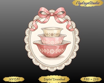 Pink Pyrex Bowls PNG, Cottagecore Kitchen Design (Digital Download)
