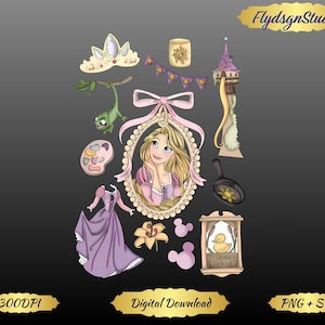 May include: Digital download featuring illustrations of a princess with long blonde hair, a tiara, a tower, a frog, a dress, and other themed elements. The image includes the text "FlydsgnStudio", "300DPI", "Digital Download", and "PNG + SVG".