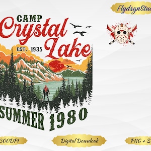 May include: A digital graphic design featuring a scenic lake landscape with the text "Camp Crystal Lake EST. 1935 SUMMER 1980". The design includes a figure, trees, mountains, and birds, with a red and white hockey mask and crossed machetes.
