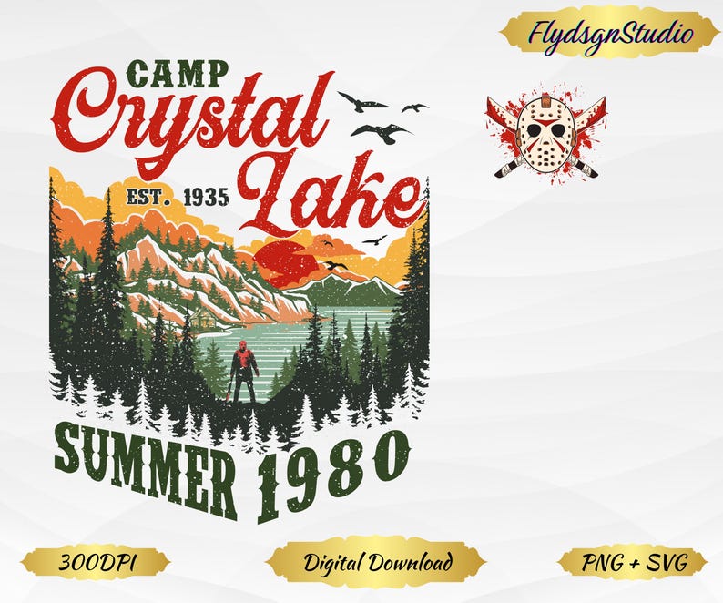 May include: A digital graphic design featuring a scenic lake landscape with the text "Camp Crystal Lake EST. 1935 SUMMER 1980". The design includes a figure, trees, mountains, and birds, with a red and white hockey mask and crossed machetes.