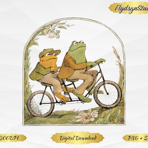 May include: A whimsical illustration of two frogs riding a tandem bicycle. The frogs are dressed in vintage clothing, with one wearing a cap and the other a jacket. The artwork is framed by an archway with floral and plant details, evoking a storybook feel.