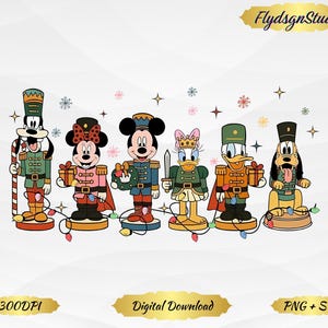 May include: A digital illustration of six Disney characters dressed as nutcrackers. Goofy holds a candy cane, Minnie Mouse holds a gift, Mickey Mouse holds a wreath, Daisy Duck holds a sword, Donald Duck holds a gift, and Pluto sits on a drum.