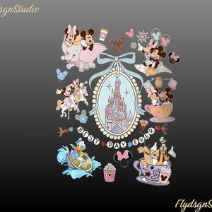 May include: A vibrant illustration showcasing Disney characters such as Mickey and Minnie Mouse, Dumbo, and Donald Duck. The design incorporates a castle, teacups, and the phrase "Best Day Ever" on a banner, set against a dark backdrop.