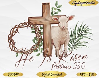 Er ist auferstandenes Ostern PNG: Lamm, Kreuz, christlicher Bibelvers (Digitaler Download)