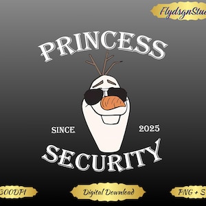 Puede incluir: Gráfico digital de un muñeco de nieve de dibujos animados con gafas de sol y una nariz de zanahoria. El texto dice "PRINCESS SECURITY SINCE 2025". El diseño está sobre un fondo gris oscuro con detalles dorados.