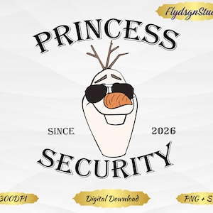 Könnte beinhalten: Ein digitales Grafikdesign mit einem weißen Schneemann, der eine schwarze Sonnenbrille und eine Karottennase trägt. Der Text lautet PRINCESS SECURITY SINCE 2026. Das Design zeigt braune Zweige als Haare auf einem hellen Hintergrund mit Goldetiketten.