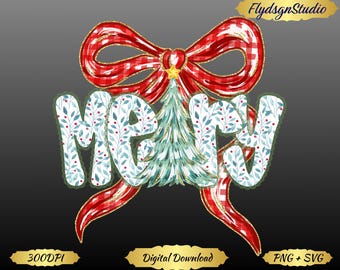 Coquette Merry Christmas Floral PNG: Plaid Bow, Tree (Digital Download)
