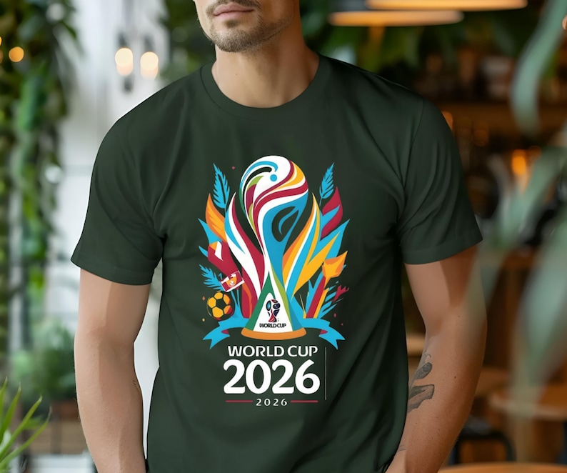 May include: Dark green t-shirt featuring a colorful graphic of the World Cup 2026 logo. The design includes a stylized trophy, a soccer ball, and the text "WORLD CUP 2026". The shirt is short-sleeved.