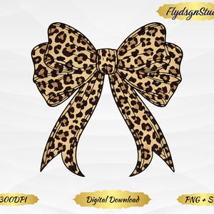 May include: A digital illustration of a leopard print bow. The bow features a tan background with dark brown spots. The bow has two long, flowing tails. The image includes the text "FlydsgnStudio", "300DPI", "Digital Download", and "PNG + SVG".