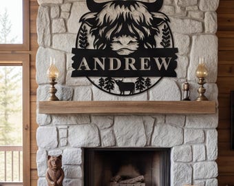 Aangepaste metalen bord Highland Cow, gepersonaliseerde naamplaat boerderij, rustiek vee silhouet decor, geschenk buiten ingang hoeve