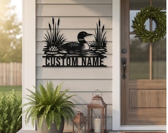 Letrero personalizado con el nombre de un somormujo, arte de pared de metal para casa de lago, decoración personalizada para cabaña, letrero rústico de naturaleza, regalo para exteriores junto al lago, arte de pared de vida silvestre