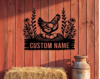 Blumenhühnerstall Plakette, kundenspezifisches Huhn Metallschild, personalisierte Bauernhausdekor mit nistender Henne, Outdoor Ranch Yard Art Geschenk