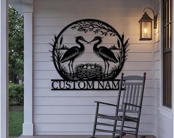 Aangepaste reiger naambord, metalen muurkunst aan het water, gepersonaliseerd natuurdecor, rustieke vogel naambord, buiten Lake House cadeau, wetland kunst