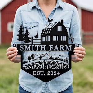 May include: Black metal Smith Farm sign with a farm scene silhouette. The sign features a house, trees, a goose, and wheat. The text "SMITH FARM" and "EST. 2024" are included in the design.