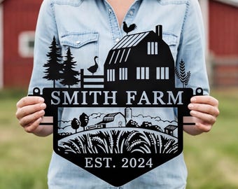 Letrero metálico personalizado, letrero con nombre familiar personalizado, decoración de granja con animales del bosque, arte de pared personalizado para rancho o entrada.