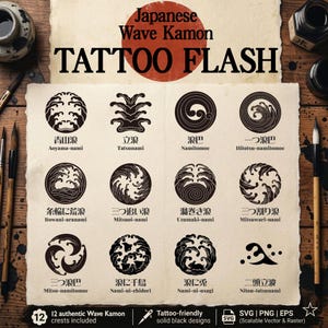 Lámina de diseños de tatuajes de olas japonesas (12 diseños + kanji) | Conjunto de escudos Kamon Nami de samurái | Diseño de tatuaje tradicional japonés | SVG PNG EPS