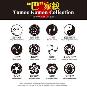 Puede incluir: Una colección de diseños de crestas Tomoe Kamon, con varios patrones circulares en blanco y negro. La imagen incluye texto japonés y traducciones al inglés de los nombres de las crestas, como "Kage-hitotsu-tomoe" y "Futatsu-tomoe". El título dice "Tomoe Kamon Collection".