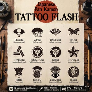 May include: A sheet featuring 12 authentic Ougi Kamon tattoo designs in solid black. The designs include various fan-shaped crests with Japanese text, and the words "Japanese Fan Kamon TATTOO FLASH".