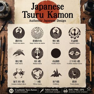 Folha de desenhos de tatuagem Tsuru Kamon – Conjunto de brasões de flor de garça japonesa (12 desenhos) | SVG EPS PNG