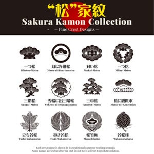 May include: A collection of black and white Japanese family crest designs, or kamon, featuring pine crests. The image includes various circular and symmetrical designs with Japanese text and English translations. The title reads "Sakura Kamon Collection - Pine Crest Designs."