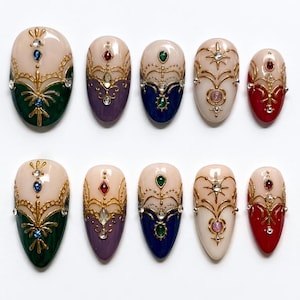 3D Gel Sculpting Press On Nails Stained Glass Aesthetic Luxury Jewel Tone Y2K Glamour Nature Inspired Emerald Ruby Sapphire Custom Nail Art