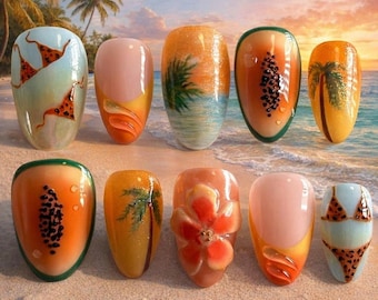 Unghie tropicali alla papaya fatte a mano: set in gel con fiori 3D, frutta estiva e vacanza al mare.