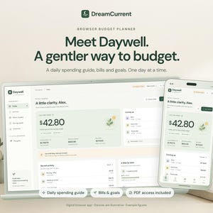 Könnte beinhalten: Eine digitale Browser-Budgetplaner-Oberfläche namens Daywell, die auf einem Laptop-Bildschirm und einem Smartphone angezeigt wird. Das Dashboard bietet Finanzverfolgung, tägliche Ausgabenleitfäden, Rechnungen und Ziele mit dem Text Meet Daywell.