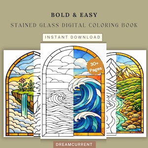 May include: Digital stained glass coloring book with three arched window designs. Each design features a different landscape: a waterfall, ocean waves, and mountains. The text "BOLD & EASY" and "STAINED GLASS DIGITAL COLORING BOOK" are at the top.