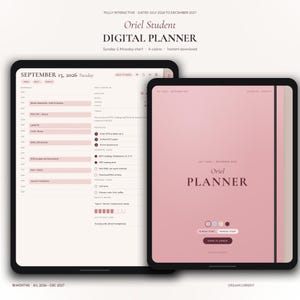 Puede incluir: Dos tabletas que muestran el planificador digital Oriel Student. La pantalla izquierda muestra un horario diario para el 15 de septiembre de 2026 con listas de tareas. La pantalla derecha muestra una portada rosa titulada Oriel Planner.