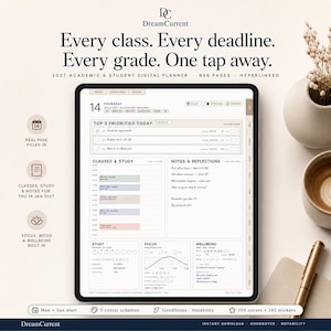 May include: A digital tablet displaying a 2027 academic and student planner with the text Every class. Every deadline. Every grade. One tap away. The screen shows a daily schedule for Thursday, 14 January, with sections for priorities, classes, study, and wellbeing.
