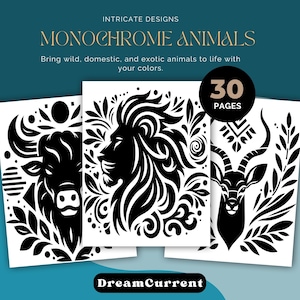 Dibujos para colorear de animales en monocromo con intrincados diseños – 30 diseños (PDF digital)