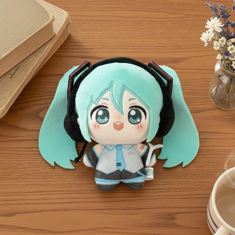 May include: A plush toy featuring a character with long teal hair styled in twin tails, wearing black headphones, a light gray collared shirt with a teal tie, and dark gray shorts. The character has large teal eyes, a small mouth, and pink cheeks.