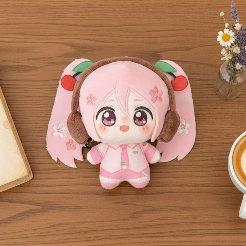 May include: A plush doll featuring a character with light pink hair styled in twin tails, adorned with cherry hair accessories and brown earmuffs. The doll wears a pink and white outfit with a tie, and the hair is decorated with small pink cherry blossom motifs.