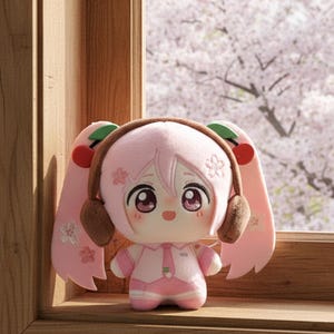 May include: A plush doll featuring light pink hair styled in long twin tails with cherry accents and small white flower patterns. The doll wears brown headphones and a pink collared shirt with a tie, displaying large dark eyes and a small mouth.