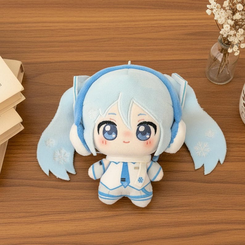 May include: A plush doll featuring light blue hair in long twin tails with white snowflake embroidery, wearing a white and blue outfit with a matching scarf and headphones. The character has large blue eyes, a small mouth, and rosy cheeks.