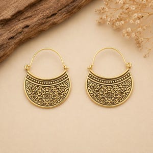 Boho Flower Brass Hoop Earrings | Ethnic Geometric Jewelry | Rustic Hippie Gypsy Earrings | Festival Yoga Bohemian Gift