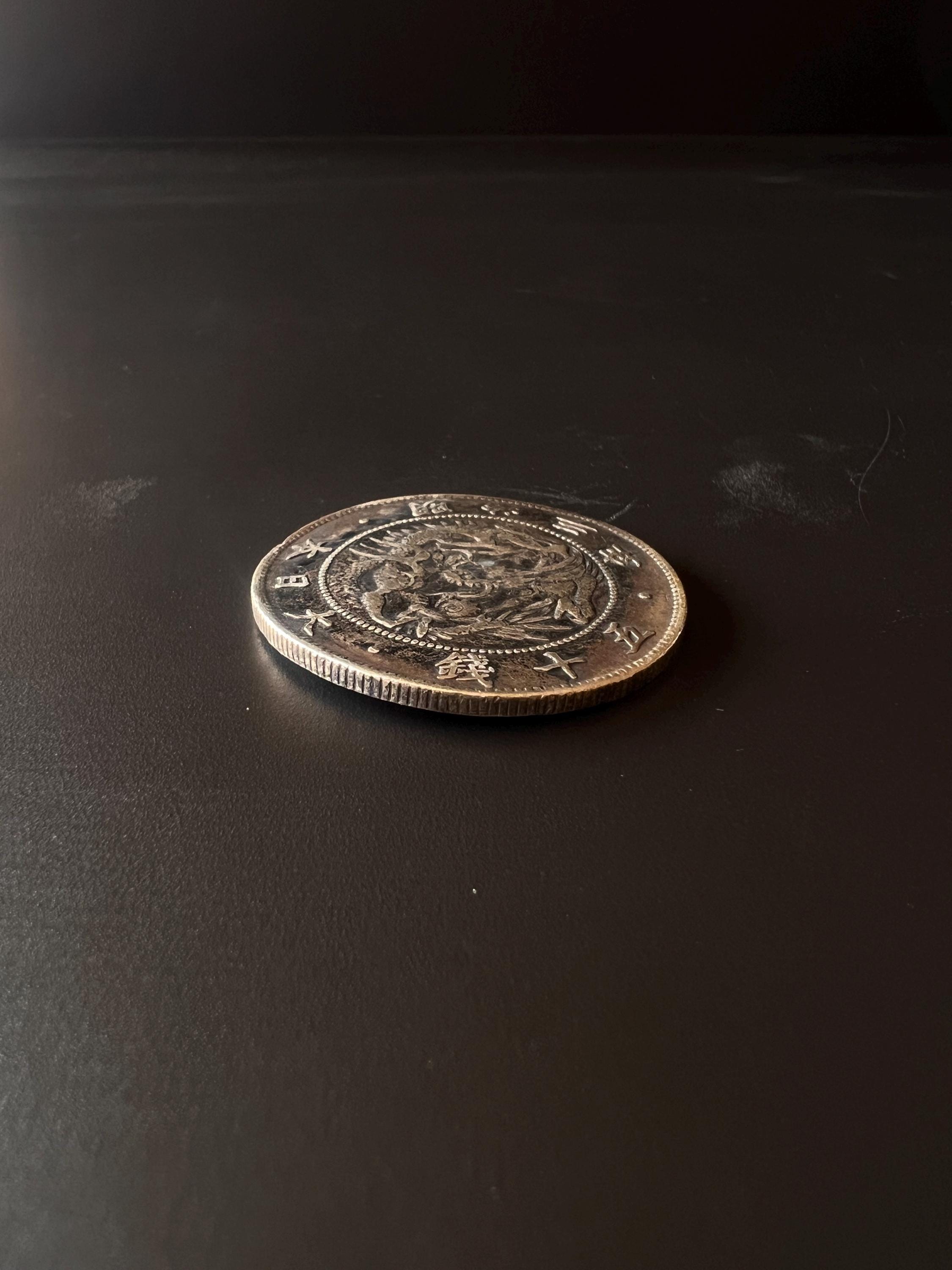 1870 Meiji 3 Japan Silver 50 Sen Coin - Dragon Design - Antique