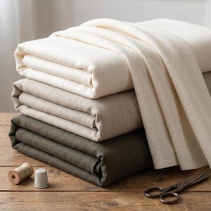 Puede incluir: Una pila de tres piezas de tela dobladas en color crema, beige y verde oliva. Un carrete de madera, un dedal de metal y unas tijeras de metal están colocados cerca. La tela tiene una textura tejida visible y un acabado mate, apilada.