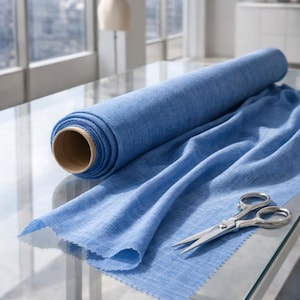May include: A roll of light blue fabric sits on a glass table, with a portion of the fabric unrolled. Silver scissors are placed on the fabric. A dress form is in the background near a large window.