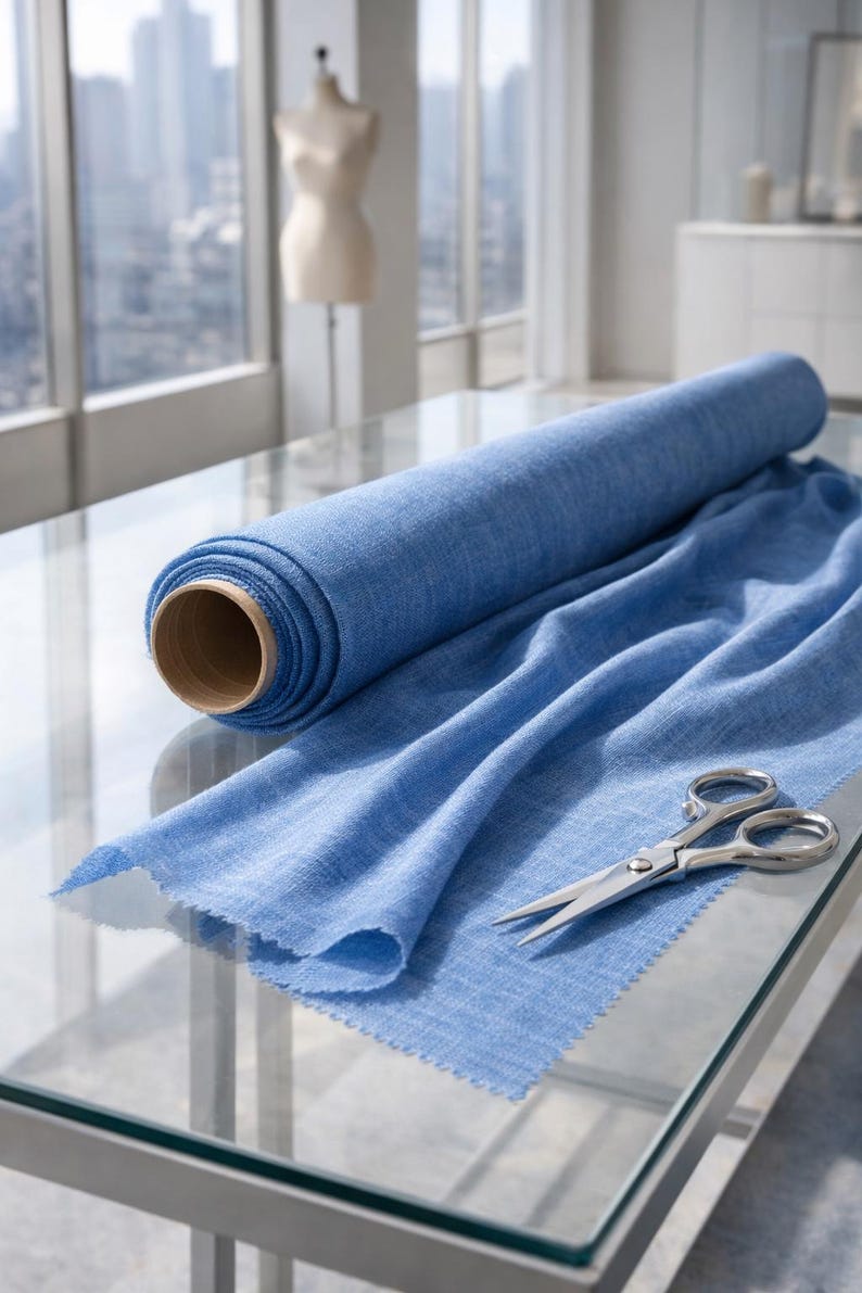 May include: A roll of light blue fabric sits on a glass table, with a portion of the fabric unrolled. Silver scissors are placed on the fabric. A dress form is in the background near a large window.