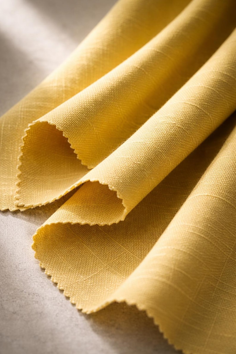 May include: Close-up of folded yellow fabric with a textured weave. The fabric has a scalloped edge and is arranged in soft folds, creating shadows and highlights. The color is a warm, golden yellow.