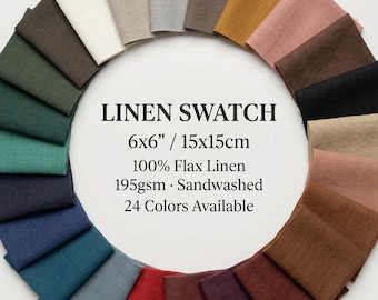 Linen Fabric Swatches, 6x6" (15x15cm), 100% Flax Linen, Sandwashed, 195gsm, Samples for Color & Texture Test Before Ordering Yardage