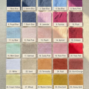 May include: A display of 30 fabric swatches in various colors, including blues, pinks, yellows, and oranges. Each swatch is labeled with a number and color name, such as "Navy Blue" and "Berry Pink." The text "TENCEL LINEN BLEND - 30 COLOR SWATCHES" is at the bottom.