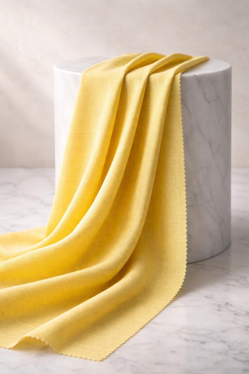 May include: A draped piece of bright yellow fabric with a textured weave. The fabric is draped over a white marble cylinder, showcasing its flowing folds and a scalloped edge. The fabric's color is a vibrant, sunny yellow.