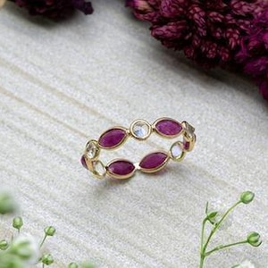 14k Solid Gold Ruby And Moonstone Ring Eternity Ring Wedding Jewelry Gift For Her