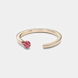 Puede incluir: Un anillo dorado con un diseño abierto. Un extremo presenta un grupo de pequeñas piedras preciosas rosas redondas, que se asemejan a la cabeza de una cerilla. El anillo tiene un acabado liso y pulido y una estética minimalista.
