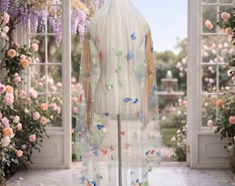 Velos de novia deslumbrantes. Velos de encaje con mariposas en 3D. Velos de encaje en 3D. Velos adornados con cristales. Velos coloridos. Velo facial hecho a medida.
