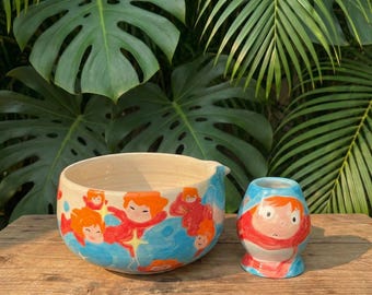 Handgjort matcha-teservis inspirerad av anime. Keramiska tekoppar inspirerade av Ponyo. Unik födelsedagspresent. Present till mamma. Köksinredning.