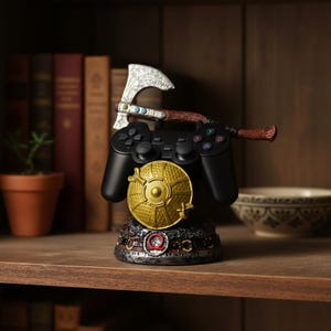 Op de afbeelding: Een zwarte gamecontroller met een decoratieve bijl en een gouden schild. De controller rust op een gedetailleerde basis met een rood en zilver ontwerp. De bijl heeft een wit blad en een bruin handvat.