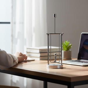 May include: A silver Newton's cradle desk toy with a small figure suspended in the center. The kinetic sculpture is on a wooden desk, with a laptop, a small potted plant, and a stack of books in the background.